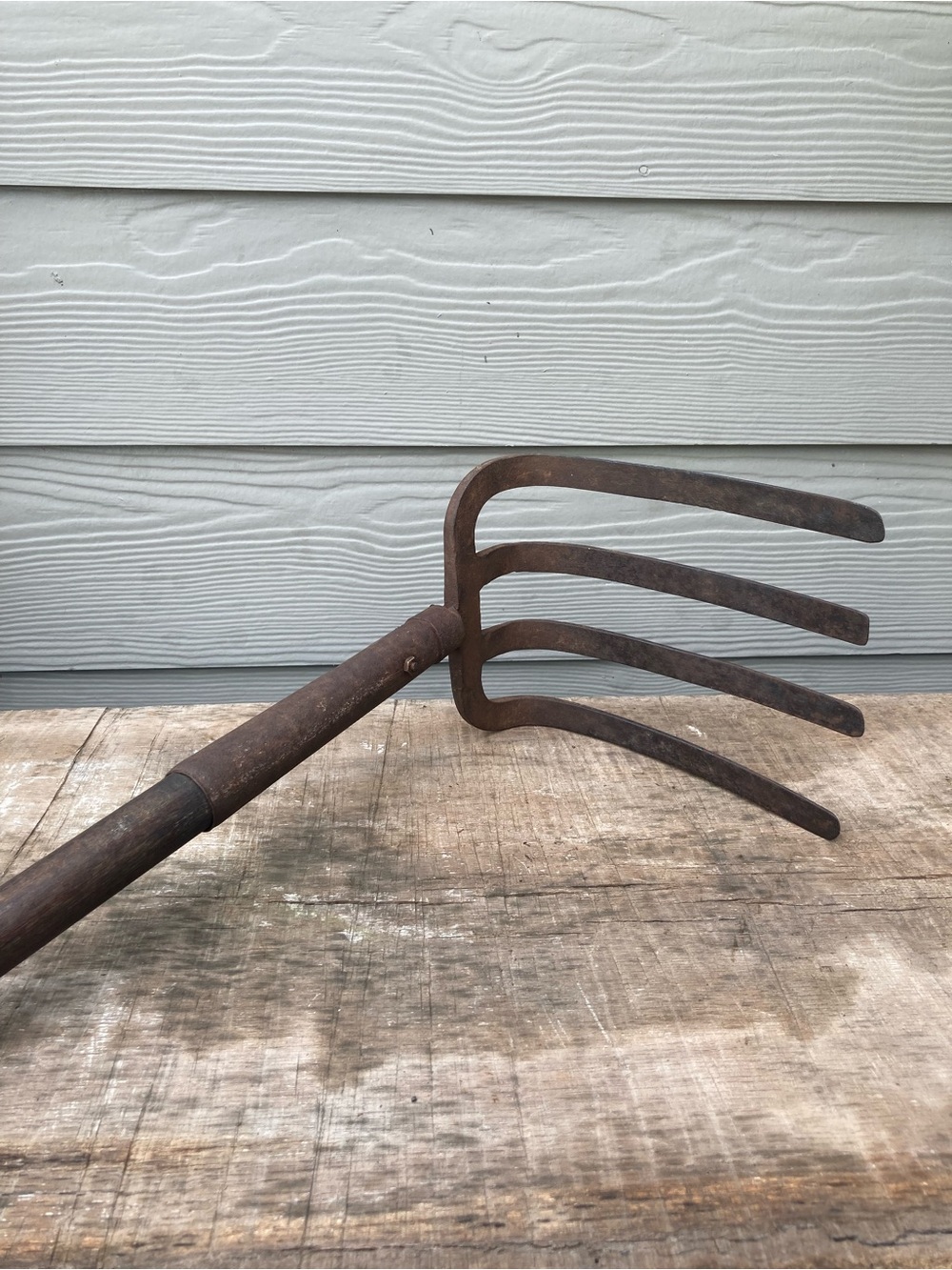 Vintage Farming Tool Wood Handle Manure Drag Rake 4 Tine Stamped Dorcy - Picture 8 of 14